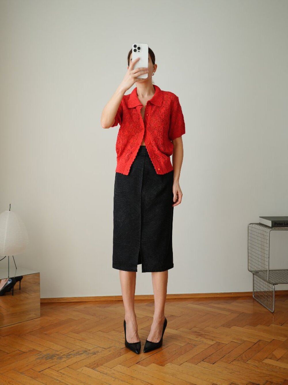 ANEDIT Red Pointelle Knit Short Sleeve Cardigan Top S NWT